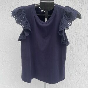 Free Assembly Women's Navy Blue Cotton Top Flutter Eyelet Short Sleeves L